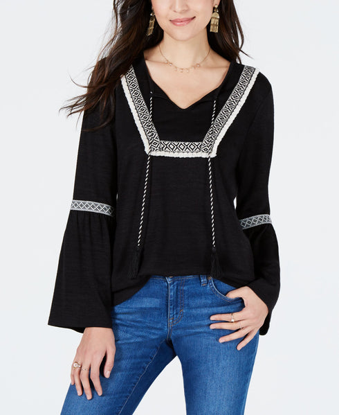 Embroidered-Trim Solid Peasant Top
